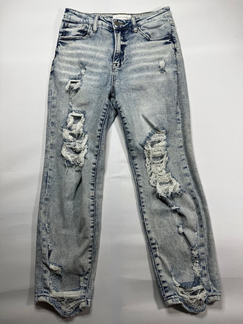 Risen Women's Distressed Straight Leg Blue Stretch Denim Jeans - 7/28 (28x25)